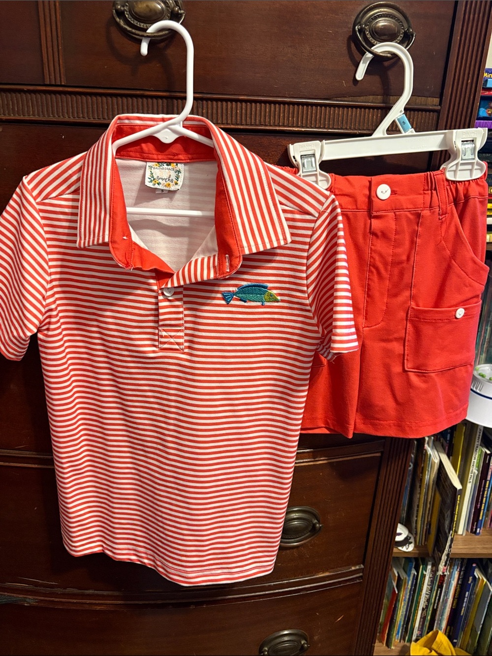 Kids Red Striped Polo Shirt & Solid Red Short Set